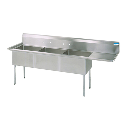 BK RESOURCES 29-8125 in W x 98.5 in L x Free Standing, Stainless Steel, Three Compartment Sink BKS-3-24-14-24R